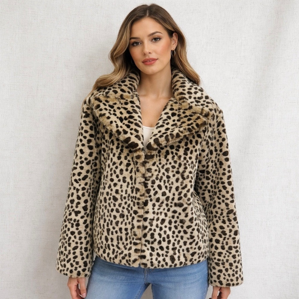Jones New York Leopard Print Faux Fur Shawl Collar Swing Coat Size Medium